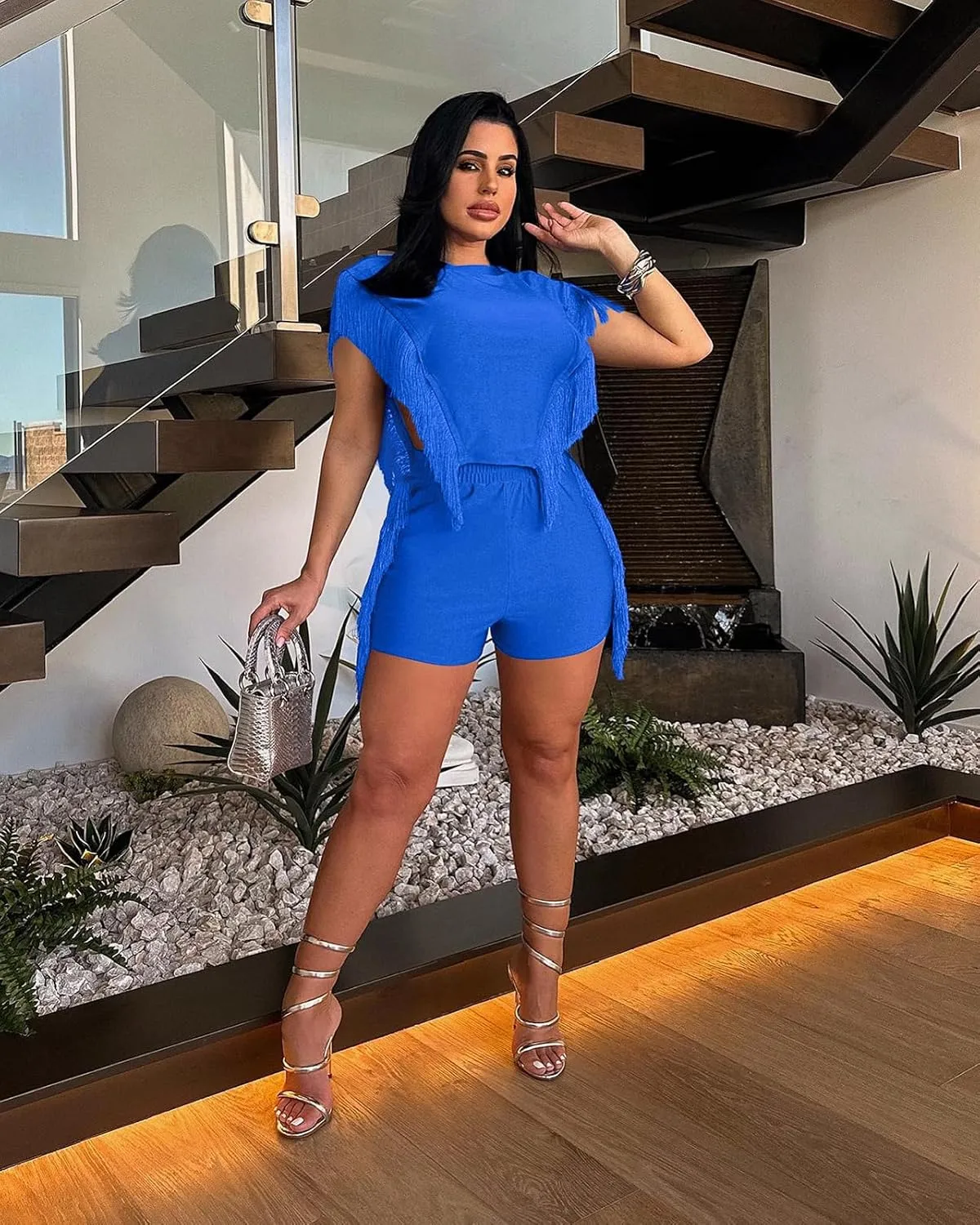2 Piece Outfits for Women Sexy Sleeveless Cut Out Fringe Crop Top Shorts Set Party Club Night Out Tracksuit Clubwear