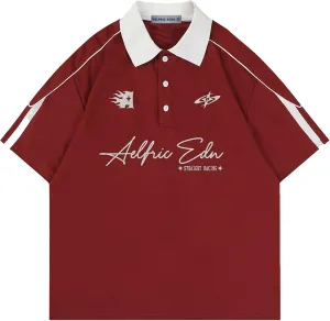 Aelfric Eden Mens Vintage Letter Polo Tee Oversized Button Collar Graphic Patchwork T Shirt Short Sleeve Summer Tops
