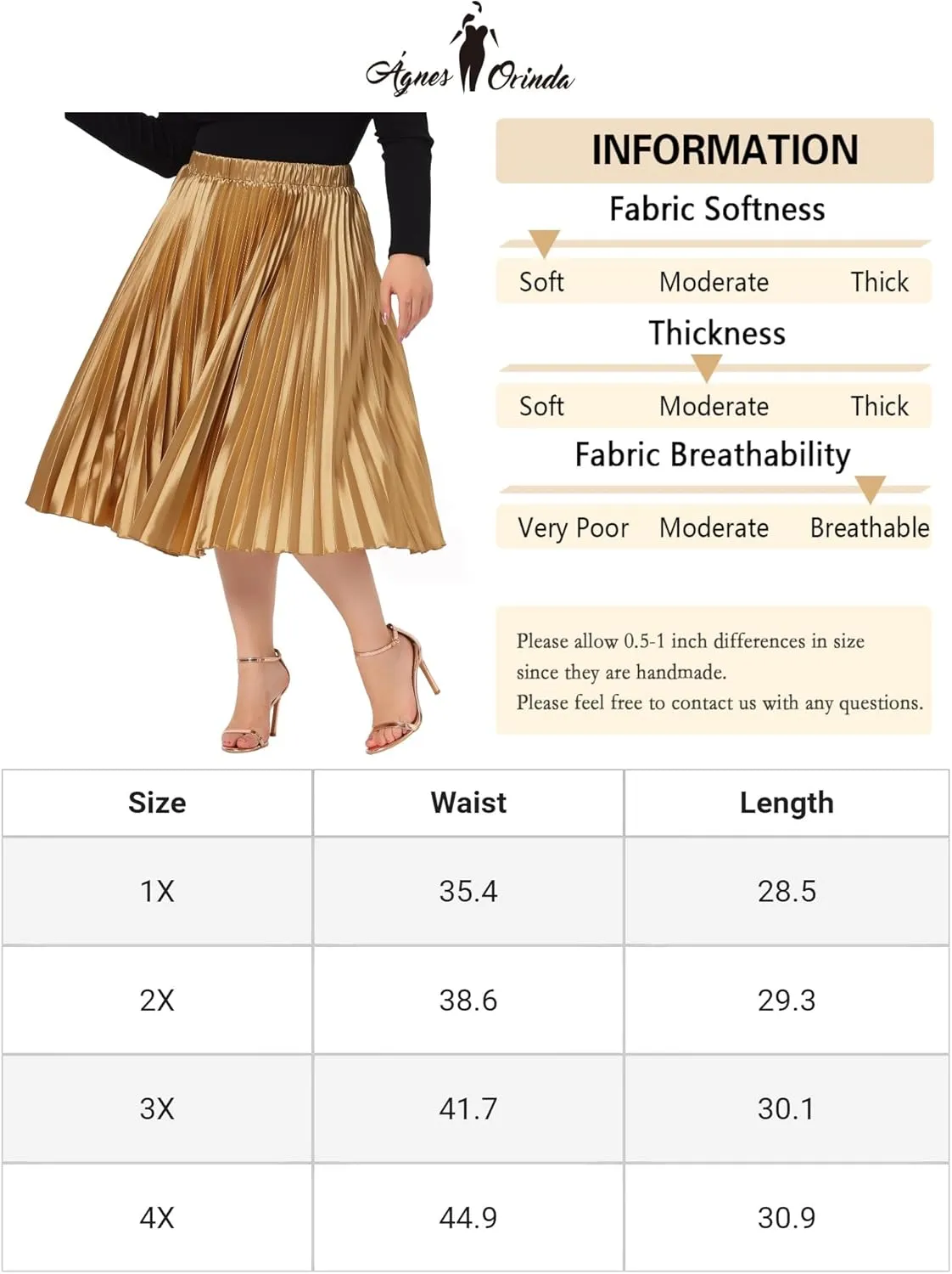 Agnes Orinda Plus Size Skirts for Women Elastic High Waist Party Metallic Shiny Accordion Pleated Midi Skirt