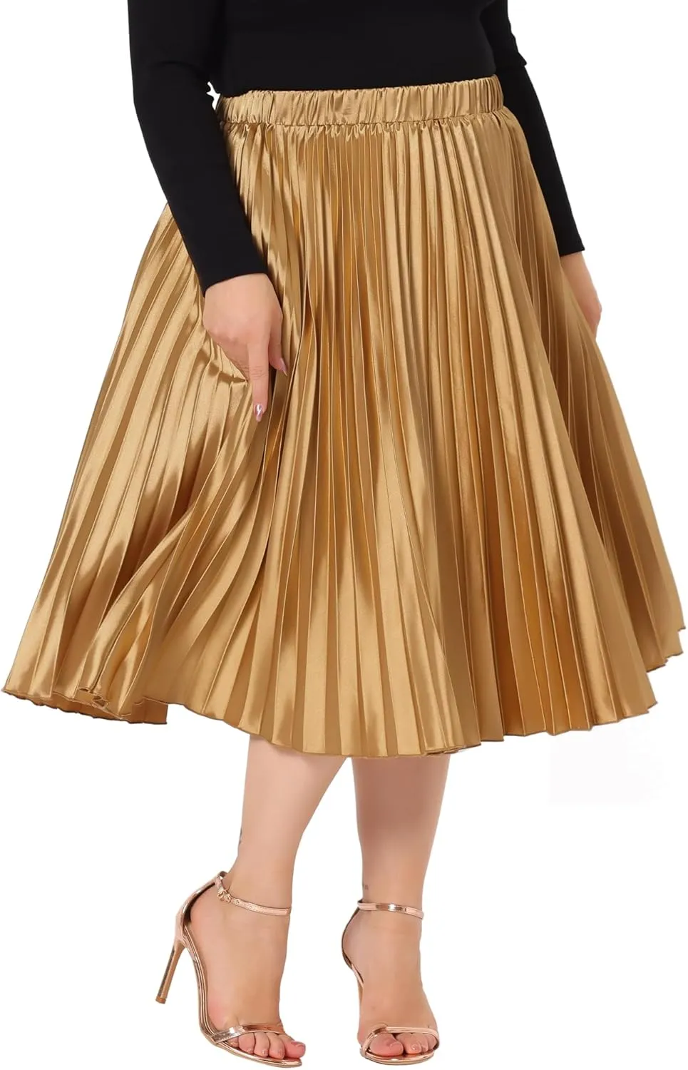 Agnes Orinda Plus Size Skirts for Women Elastic High Waist Party Metallic Shiny Accordion Pleated Midi Skirt