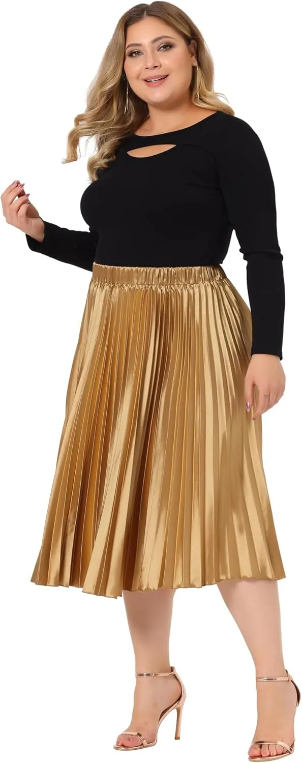 Agnes Orinda Plus Size Skirts for Women Elastic High Waist Party Metallic Shiny Accordion Pleated Midi Skirt