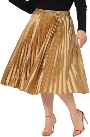 Agnes Orinda Plus Size Skirts for Women Elastic High Waist Party Metallic Shiny Accordion Pleated Midi Skirt