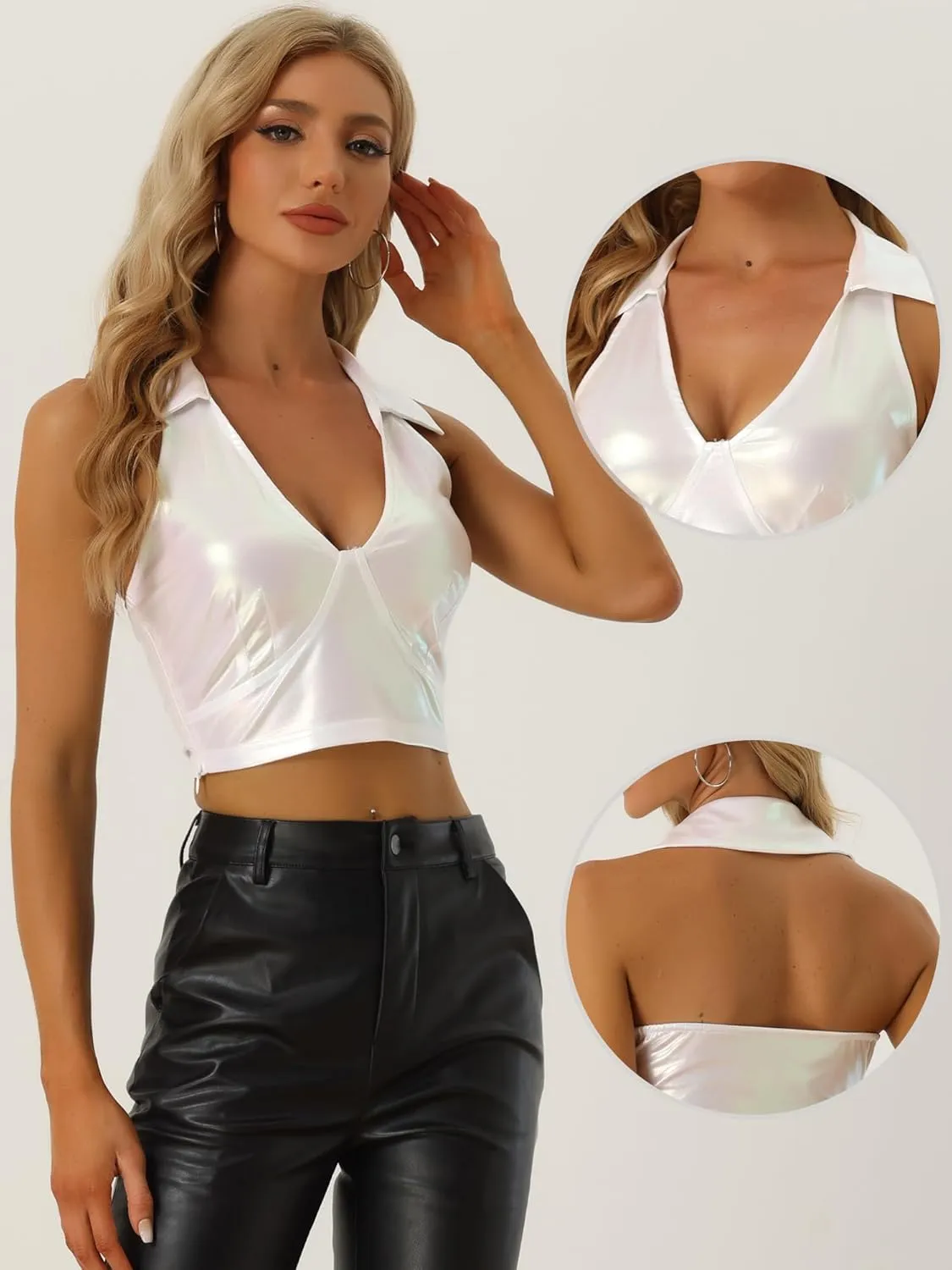 Allegra K Metallic Crop Top for Women's 2023 Halloween Shiny Club Party Halter Rave Sparkle Chrome Holographic Tops