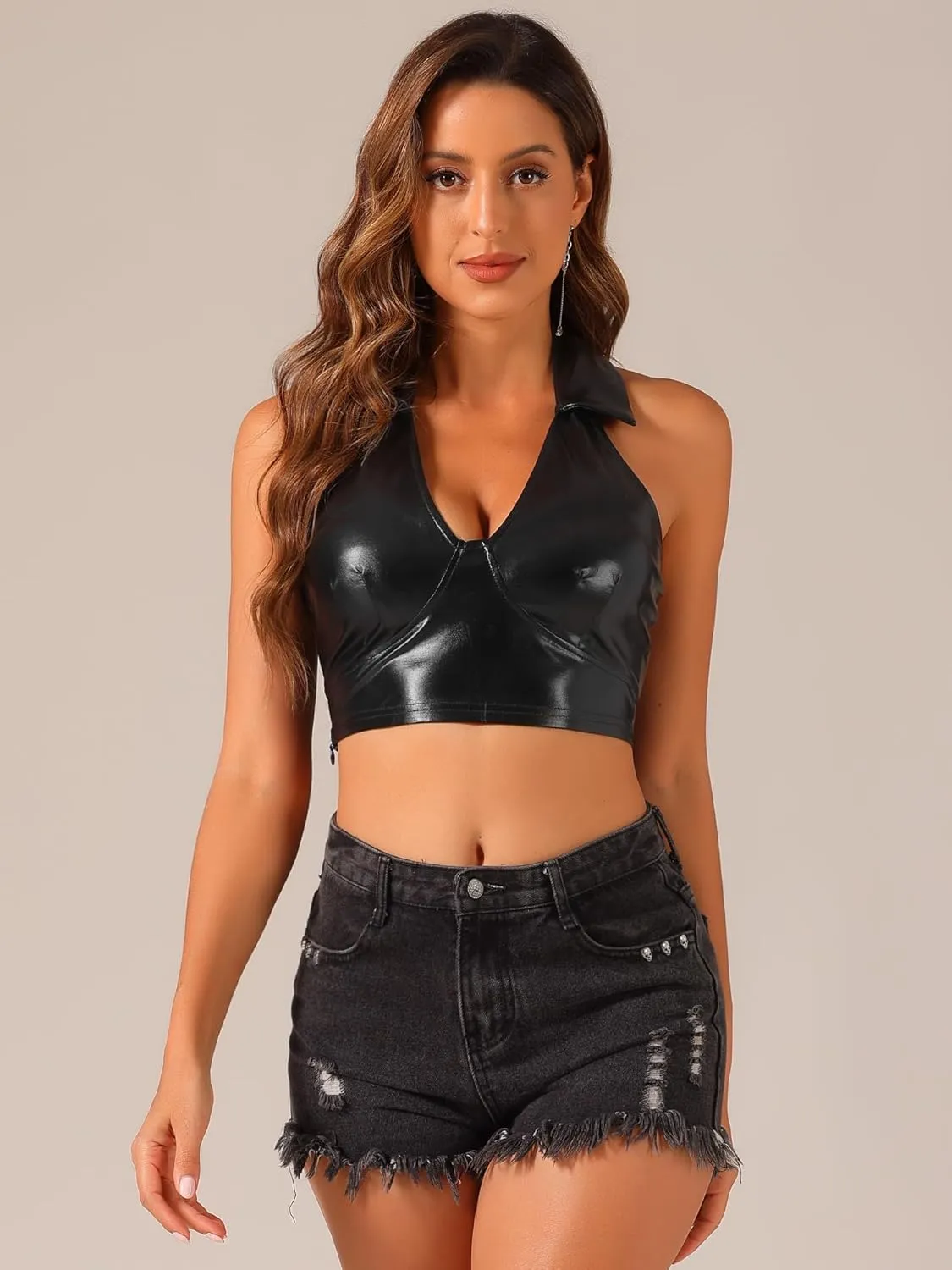 Allegra K Metallic Crop Top for Women's 2023 Halloween Shiny Club Party Halter Rave Sparkle Chrome Holographic Tops