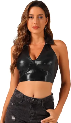 Allegra K Metallic Crop Top for Women's 2023 Halloween Shiny Club Party Halter Rave Sparkle Chrome Holographic Tops