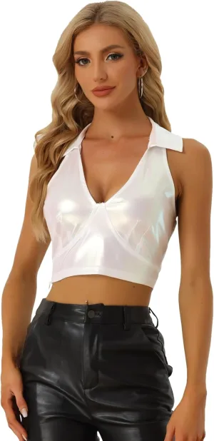Allegra K Metallic Crop Top for Women's 2023 Halloween Shiny Club Party Halter Rave Sparkle Chrome Holographic Tops