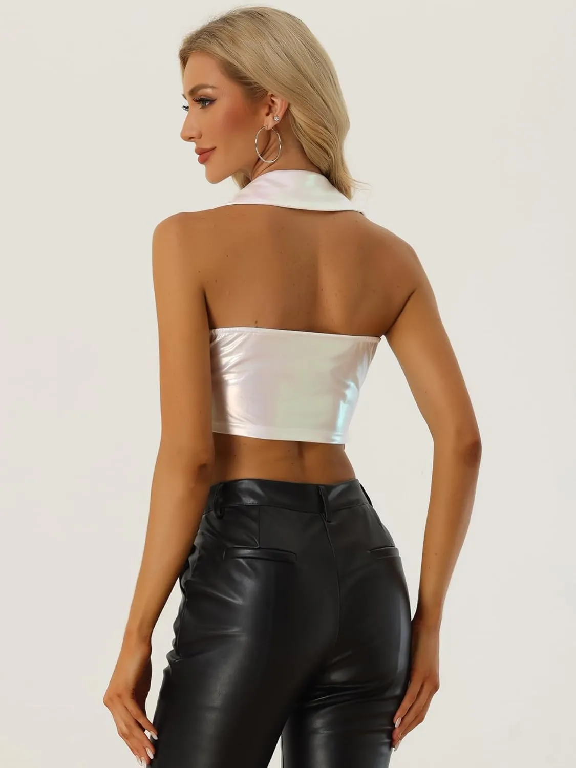 Allegra K Metallic Crop Top for Women's 2023 Halloween Shiny Club Party Halter Rave Sparkle Chrome Holographic Tops
