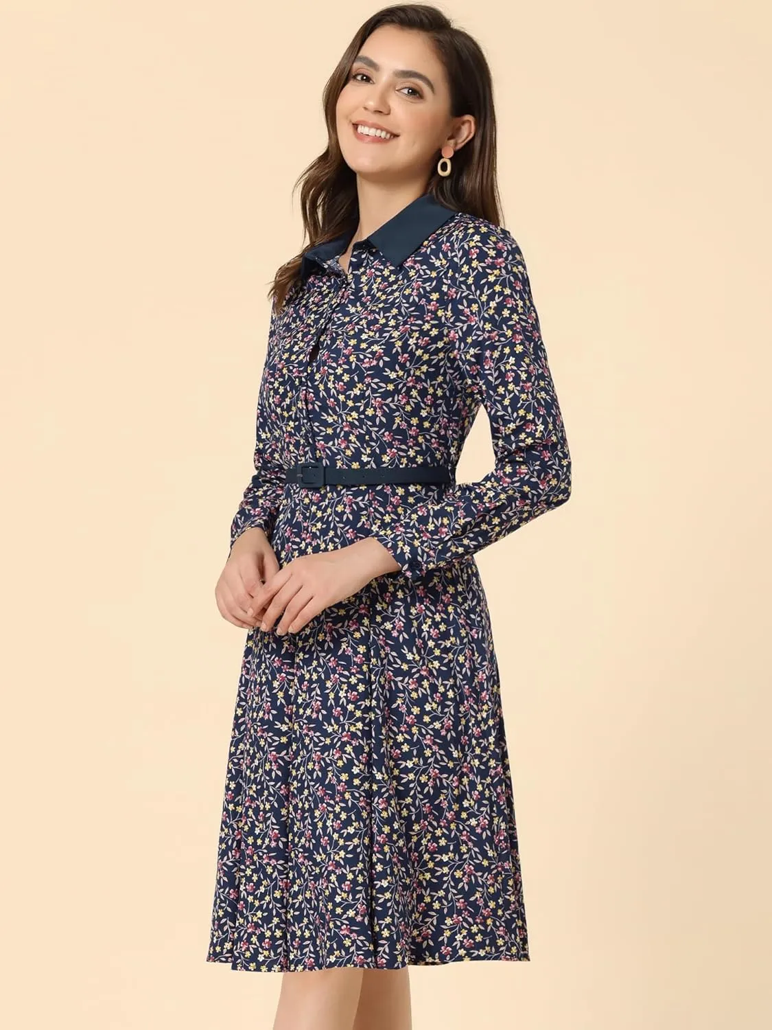 Allegra K Women's Floral Contrast Collar Belted Long Sleeve Retro Work Office Dress