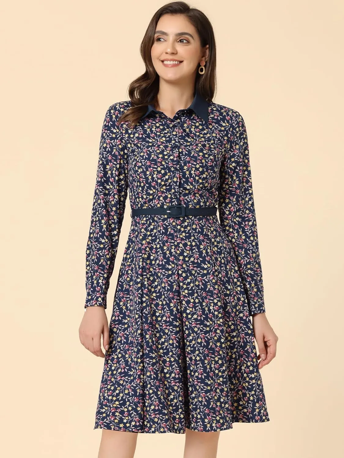 Allegra K Women's Floral Contrast Collar Belted Long Sleeve Retro Work Office Dress