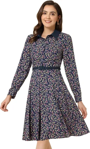 Allegra K Women's Floral Contrast Collar Belted Long Sleeve Retro Work Office Dress