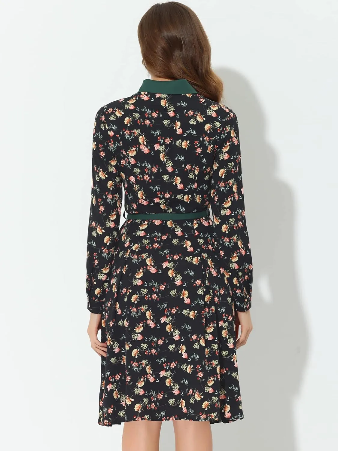 Allegra K Women's Floral Contrast Collar Belted Long Sleeve Retro Work Office Dress