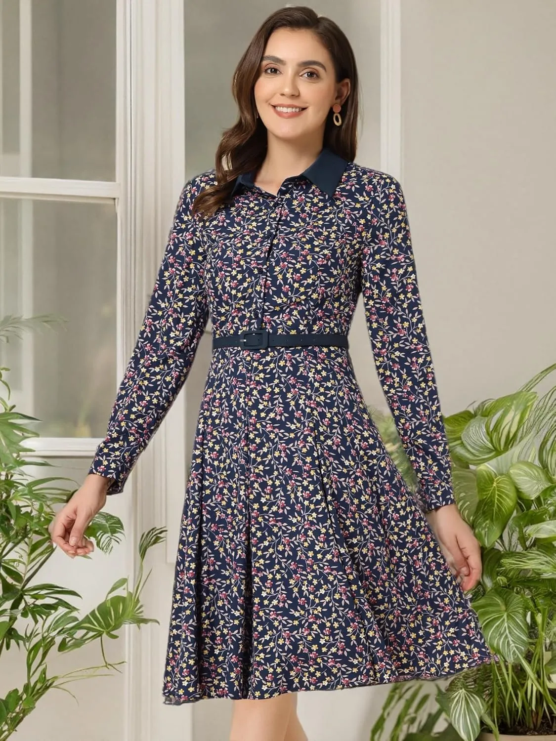 Allegra K Women's Floral Contrast Collar Belted Long Sleeve Retro Work Office Dress