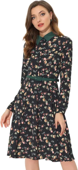 Allegra K Women's Floral Contrast Collar Belted Long Sleeve Retro Work Office Dress