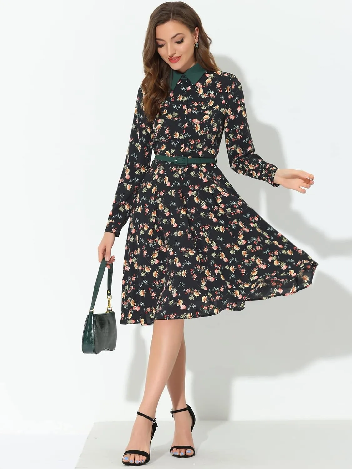 Allegra K Women's Floral Contrast Collar Belted Long Sleeve Retro Work Office Dress