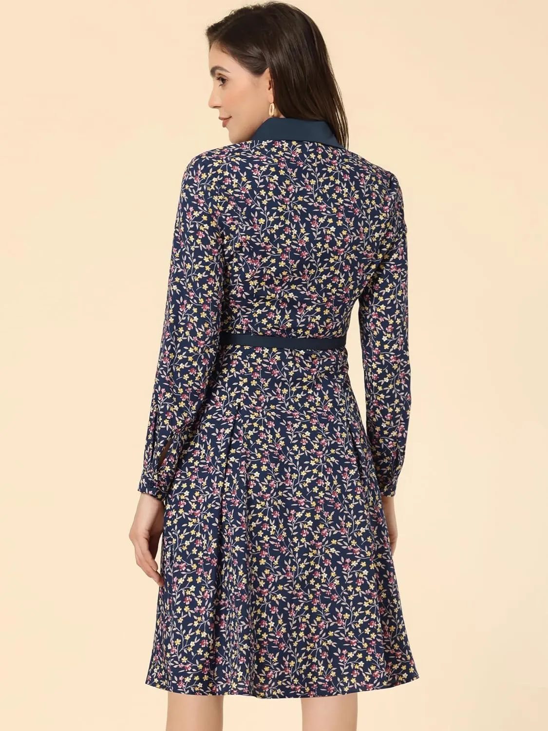Allegra K Women's Floral Contrast Collar Belted Long Sleeve Retro Work Office Dress