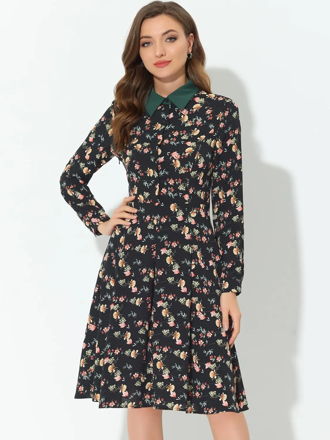 Allegra K Women's Floral Contrast Collar Belted Long Sleeve Retro Work Office Dress