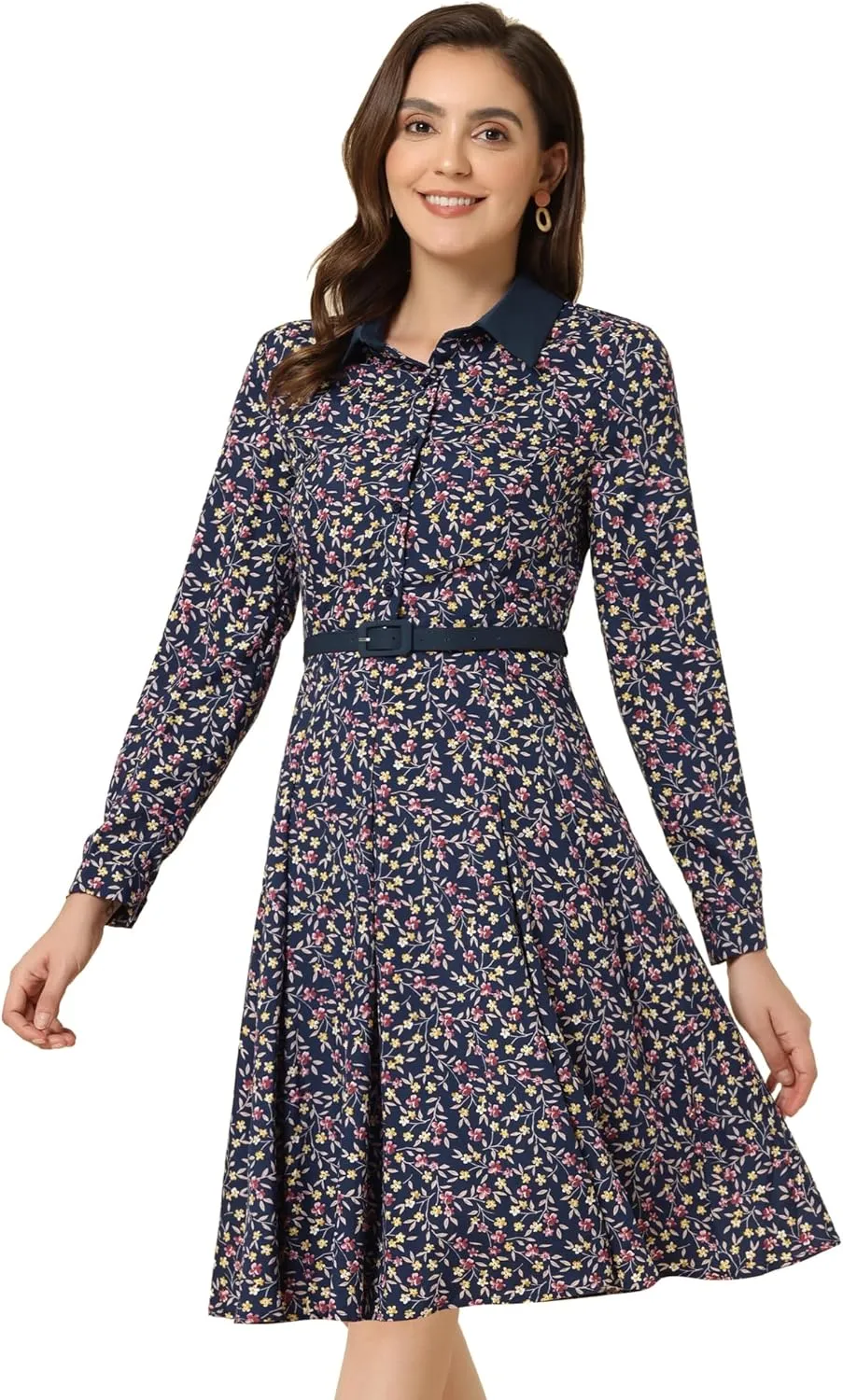 Allegra K Women's Floral Contrast Collar Belted Long Sleeve Retro Work Office Dress