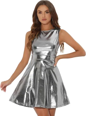 Allegra K Women's Metallic Sleeveless High Waist Club Party Disco Holographic Dress