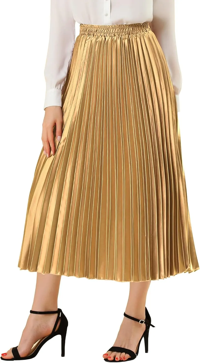 Allegra K Women's Pleated Midi Skirt Elastic Waist Metallic Shiny Accordion Party Skirts