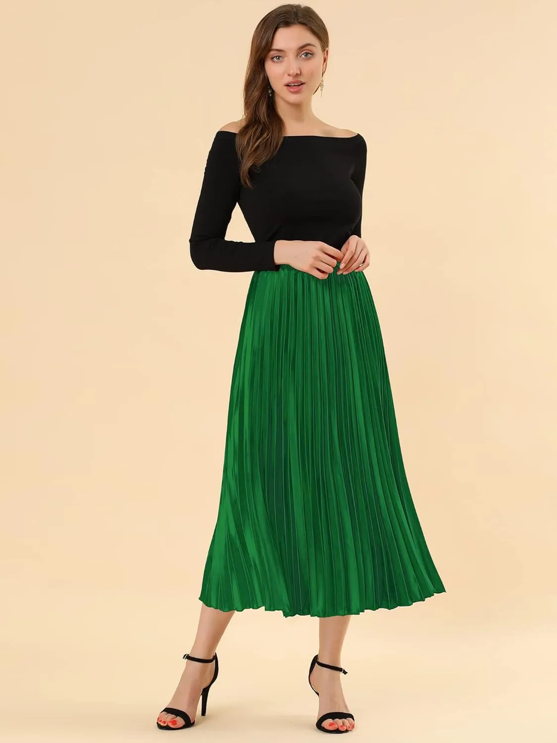 Allegra K Women's Pleated Midi Skirt Elastic Waist Metallic Shiny Accordion Party Skirts