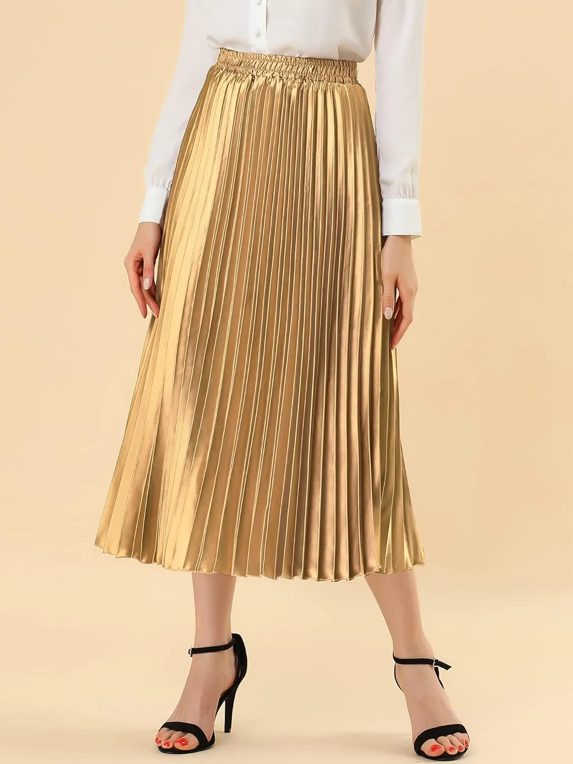 Allegra K Women's Pleated Midi Skirt Elastic Waist Metallic Shiny Accordion Party Skirts