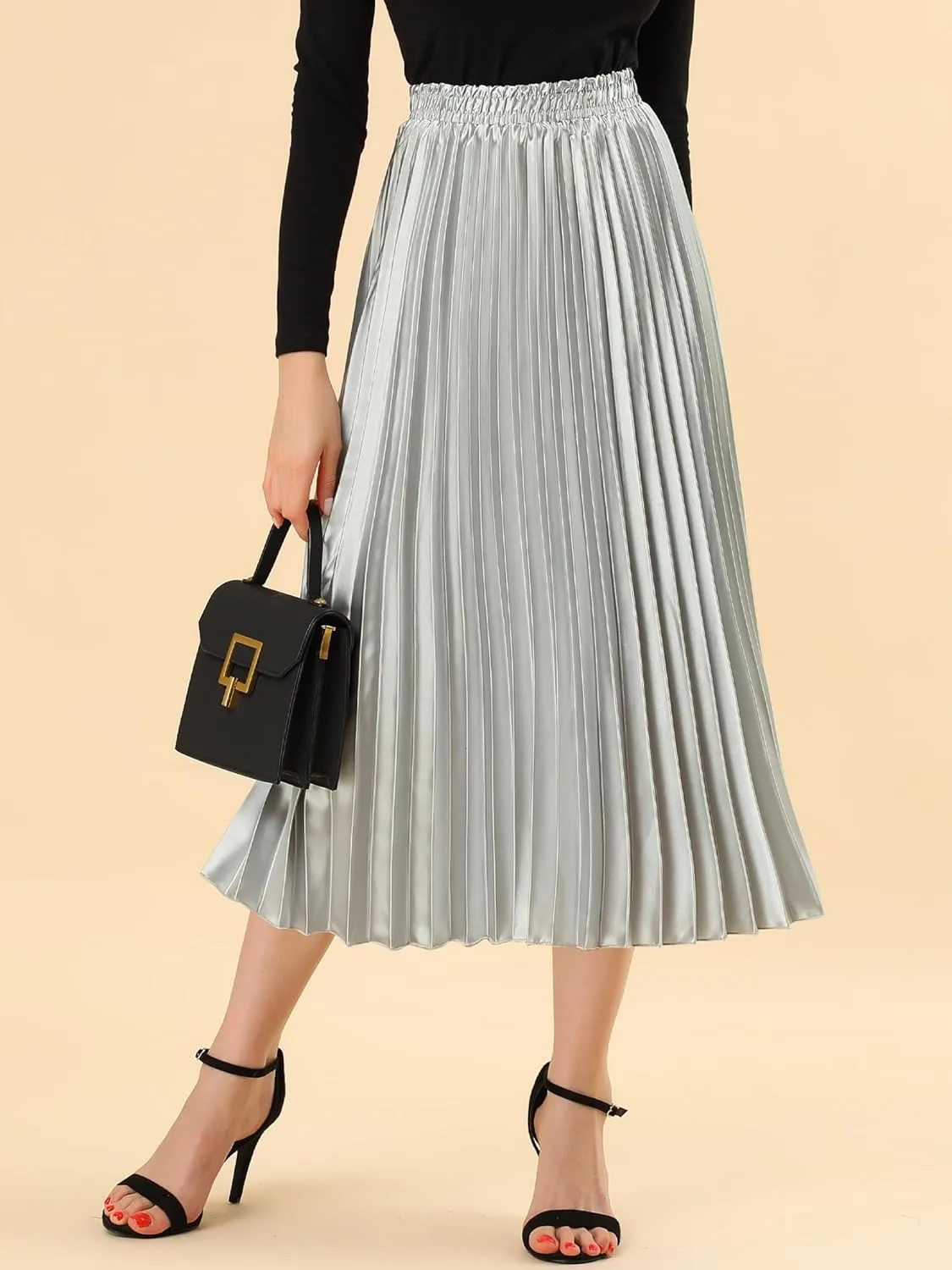 Allegra K Women's Pleated Midi Skirt Elastic Waist Metallic Shiny Accordion Party Skirts