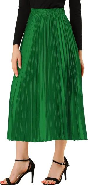 Allegra K Women's Pleated Midi Skirt Elastic Waist Metallic Shiny Accordion Party Skirts