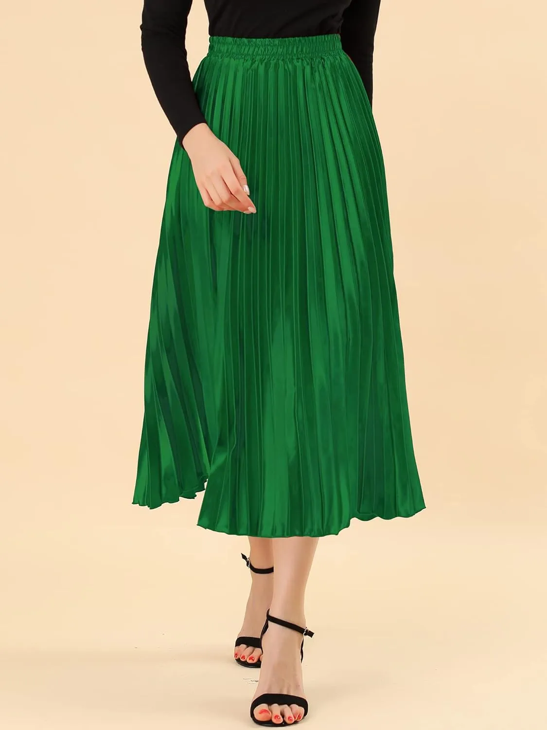 Allegra K Women's Pleated Midi Skirt Elastic Waist Metallic Shiny Accordion Party Skirts