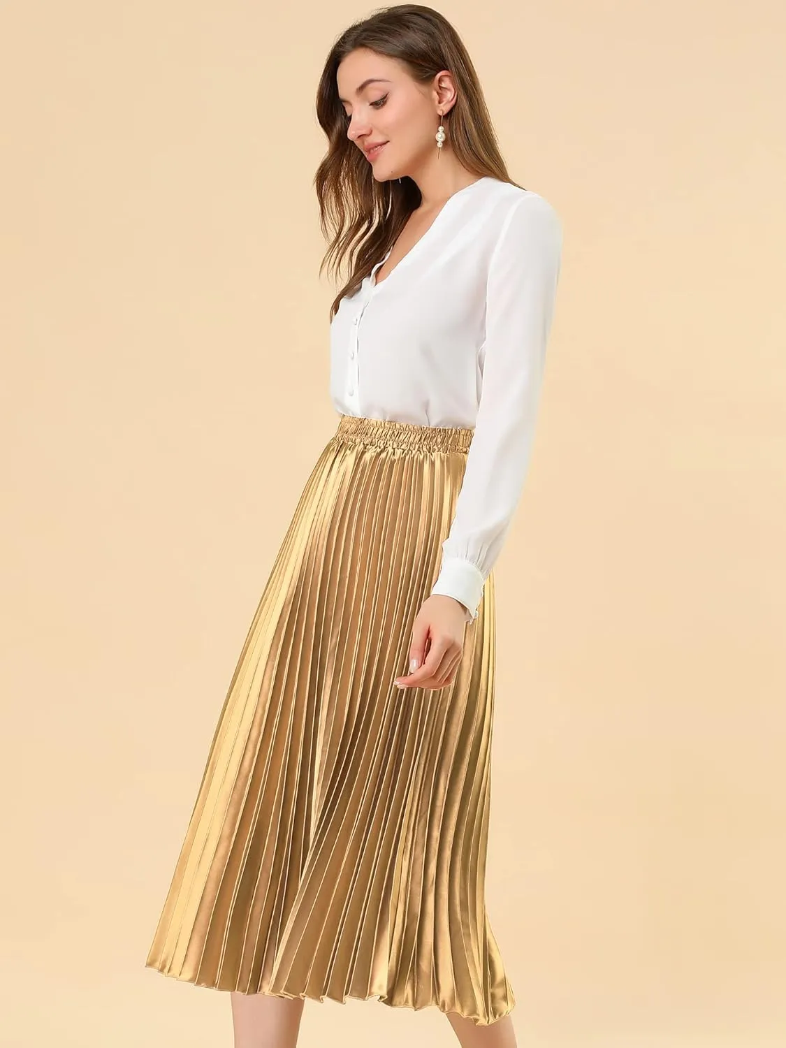 Allegra K Women's Pleated Midi Skirt Elastic Waist Metallic Shiny Accordion Party Skirts