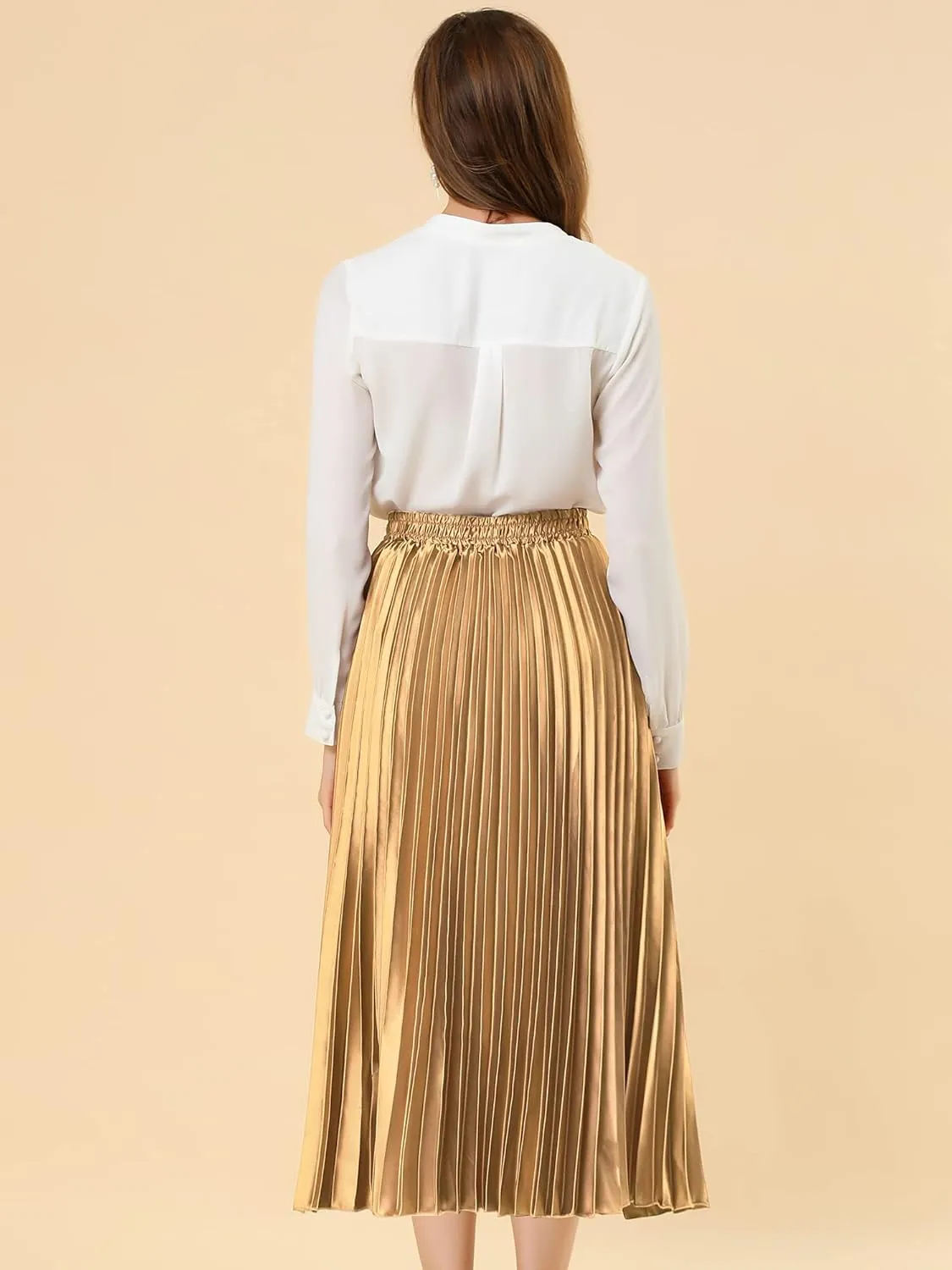 Allegra K Women's Pleated Midi Skirt Elastic Waist Metallic Shiny Accordion Party Skirts