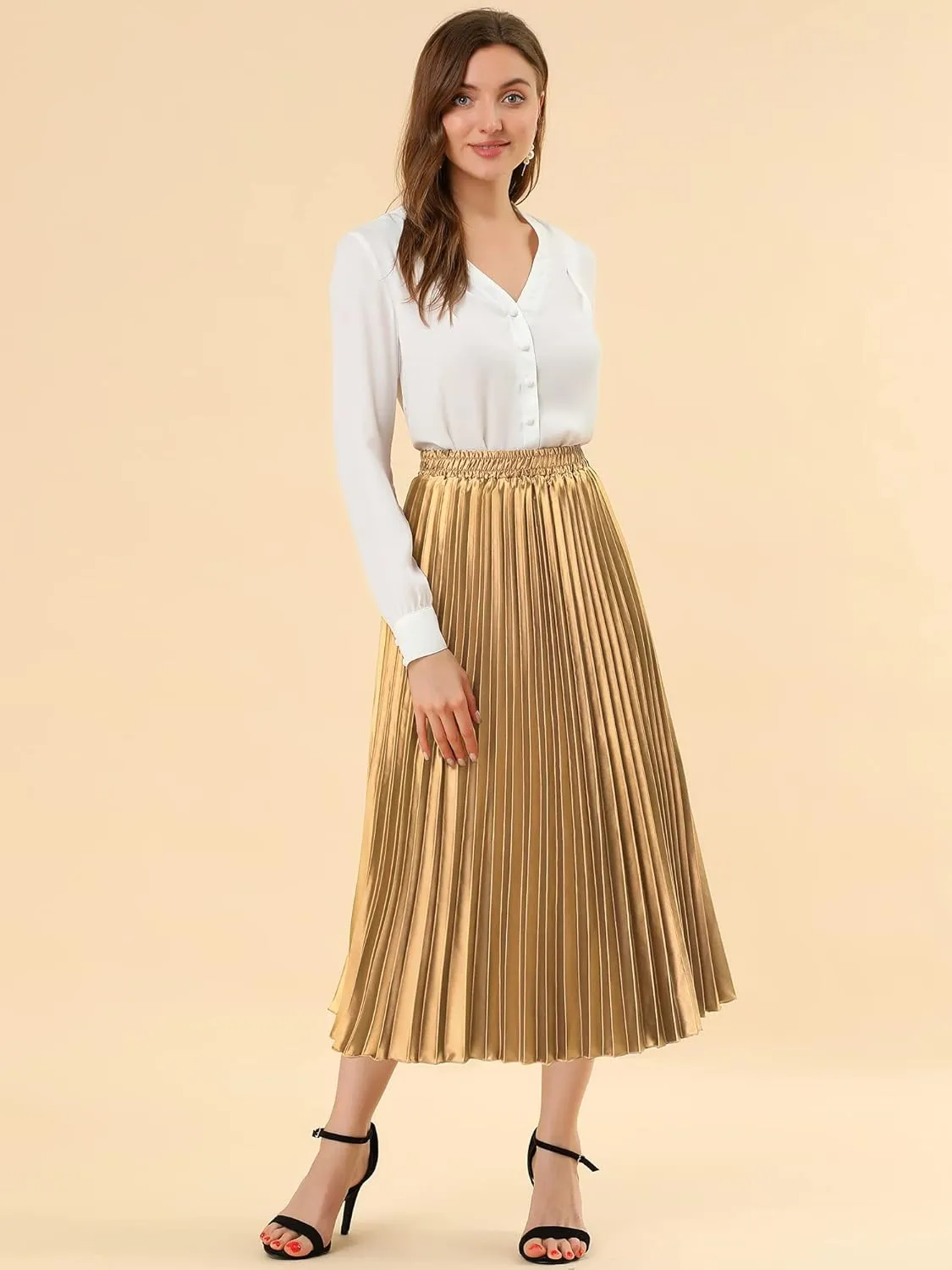 Allegra K Women's Pleated Midi Skirt Elastic Waist Metallic Shiny Accordion Party Skirts