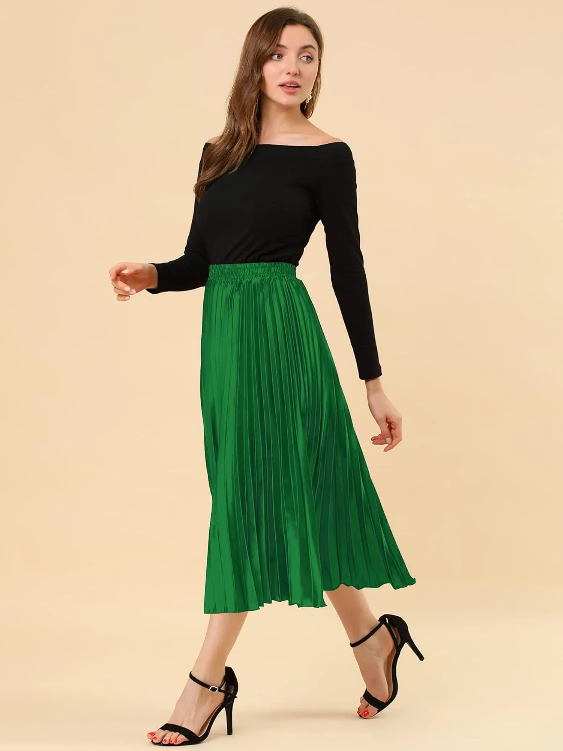 Allegra K Women's Pleated Midi Skirt Elastic Waist Metallic Shiny Accordion Party Skirts