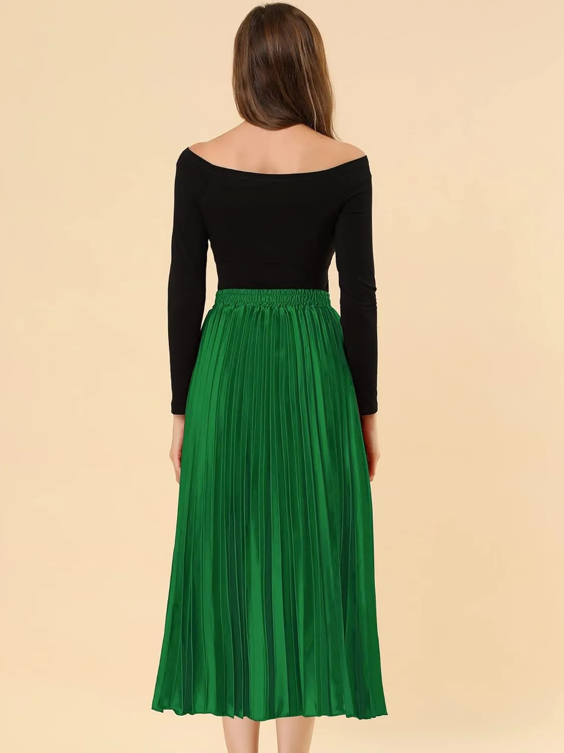 Allegra K Women's Pleated Midi Skirt Elastic Waist Metallic Shiny Accordion Party Skirts
