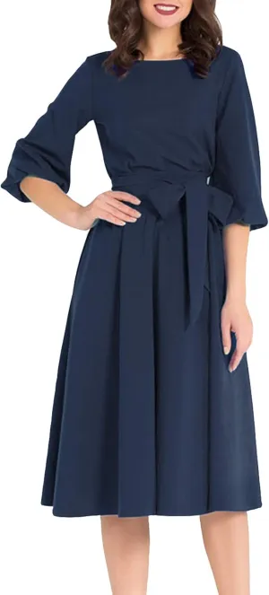 AOOKSMERY Women Elegance Audrey Hepburn Style Round Neck 3/4 Puff Sleeve Swing Midi Dress Long Belt Dresses with Pockets