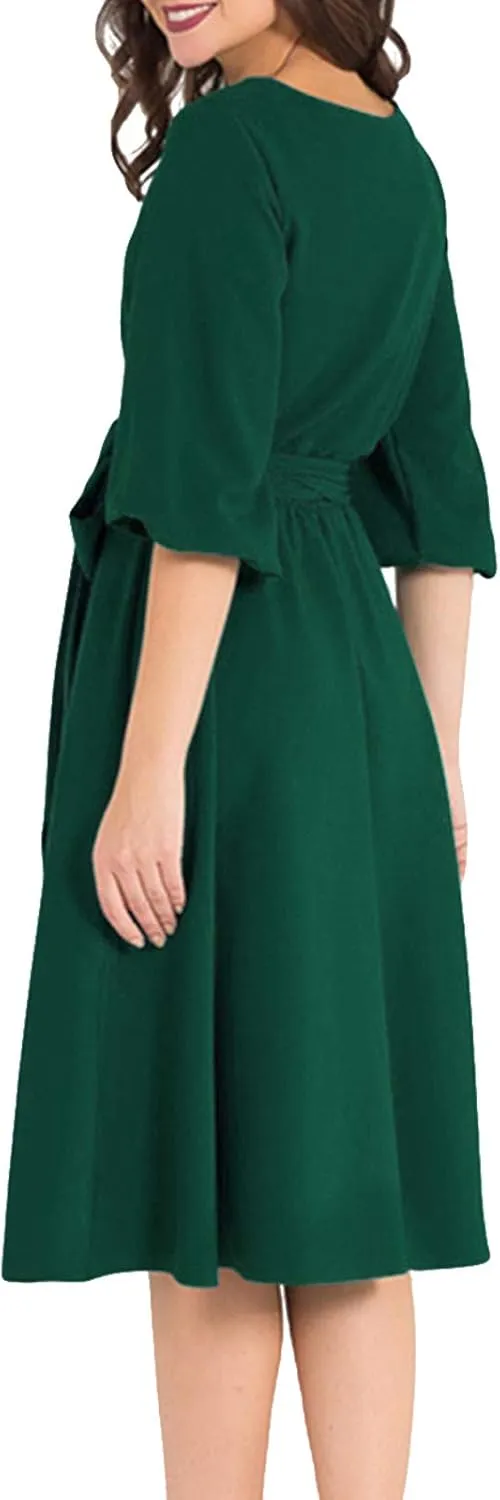 AOOKSMERY Women Elegance Audrey Hepburn Style Round Neck 3/4 Puff Sleeve Swing Midi Dress Long Belt Dresses with Pockets