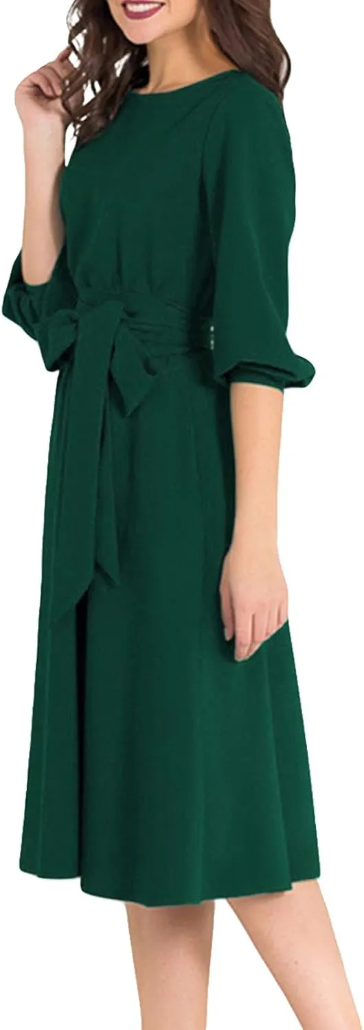 AOOKSMERY Women Elegance Audrey Hepburn Style Round Neck 3/4 Puff Sleeve Swing Midi Dress Long Belt Dresses with Pockets