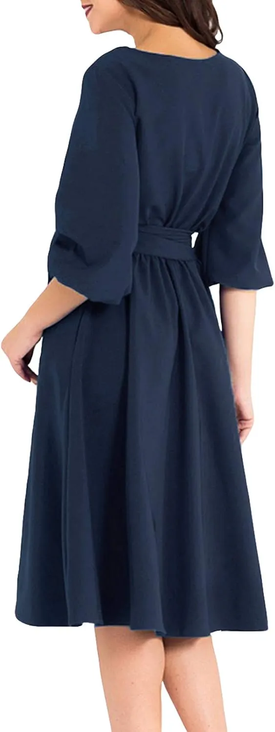 AOOKSMERY Women Elegance Audrey Hepburn Style Round Neck 3/4 Puff Sleeve Swing Midi Dress Long Belt Dresses with Pockets