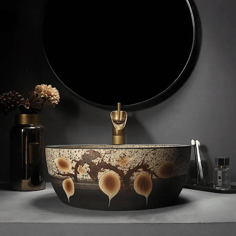 Bathroom Wash Basin Art Countertop Basin Retro Round Bathroom Sink