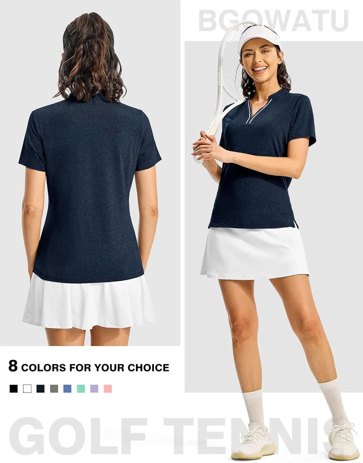 BGOWATU Women's Golf Polo Shirts Short Sleeve Collarless Y-Neck Tennis Tops Quick Dry UPF 50  Workout Shirt Lightweight