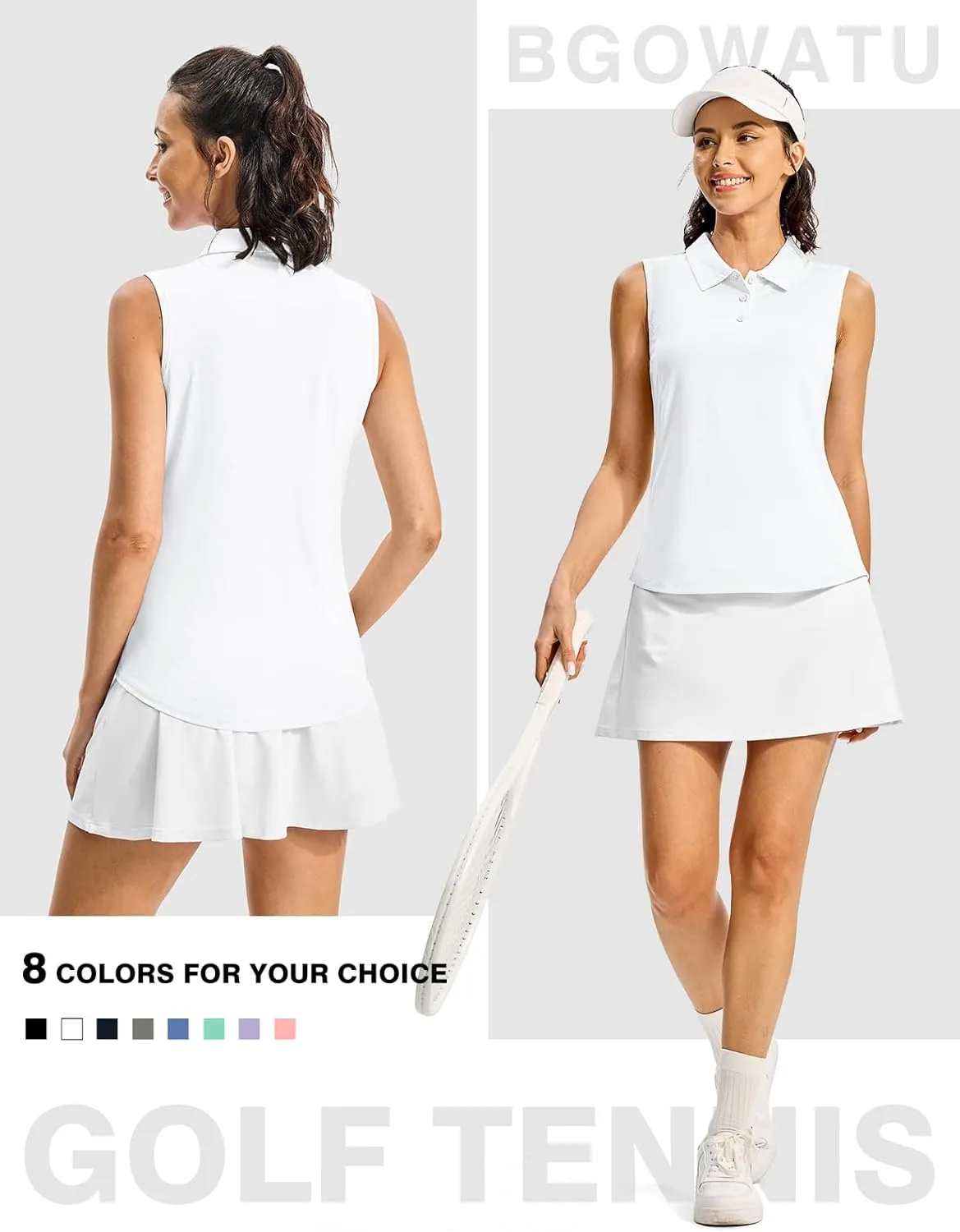 BGOWATU Women's Golf Shirts Sleeveless Polo Shirts Collared 3 Buttons Tennis Tank Tops UV Protection Quick Dry