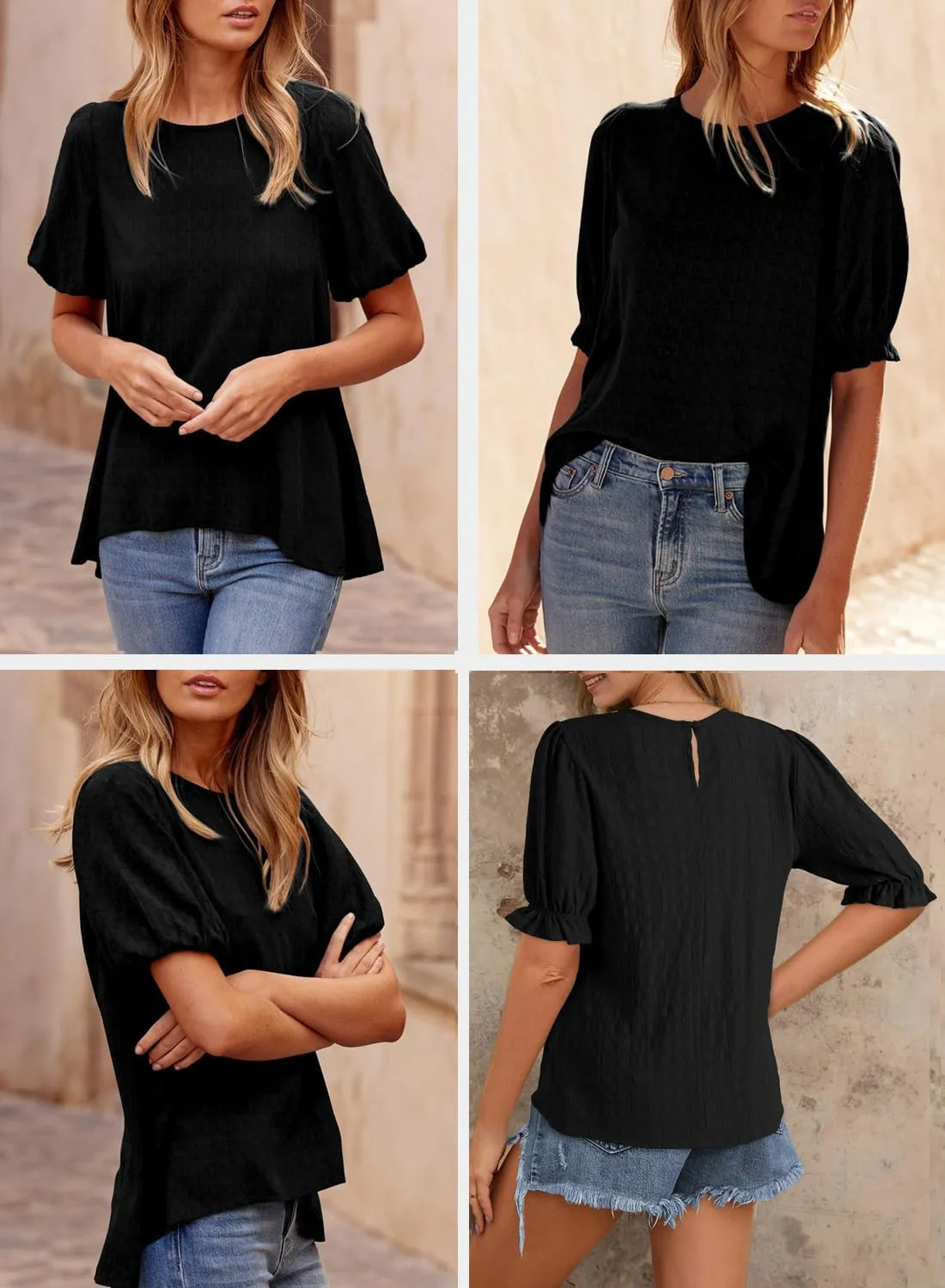 BLENCOT Tops for Women Trendy Summer Casual Balloon Half Short Sleeve Basic Textured Solid Color Round Neck T Shirts Blouse