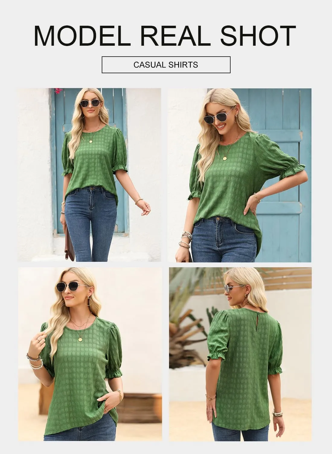 BLENCOT Tops for Women Trendy Summer Casual Balloon Half Short Sleeve Basic Textured Solid Color Round Neck T Shirts Blouse