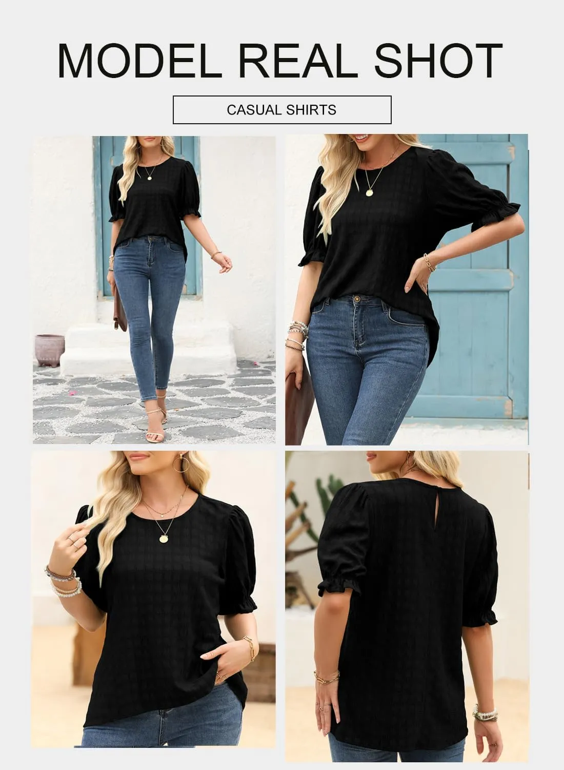 BLENCOT Tops for Women Trendy Summer Casual Balloon Half Short Sleeve Basic Textured Solid Color Round Neck T Shirts Blouse