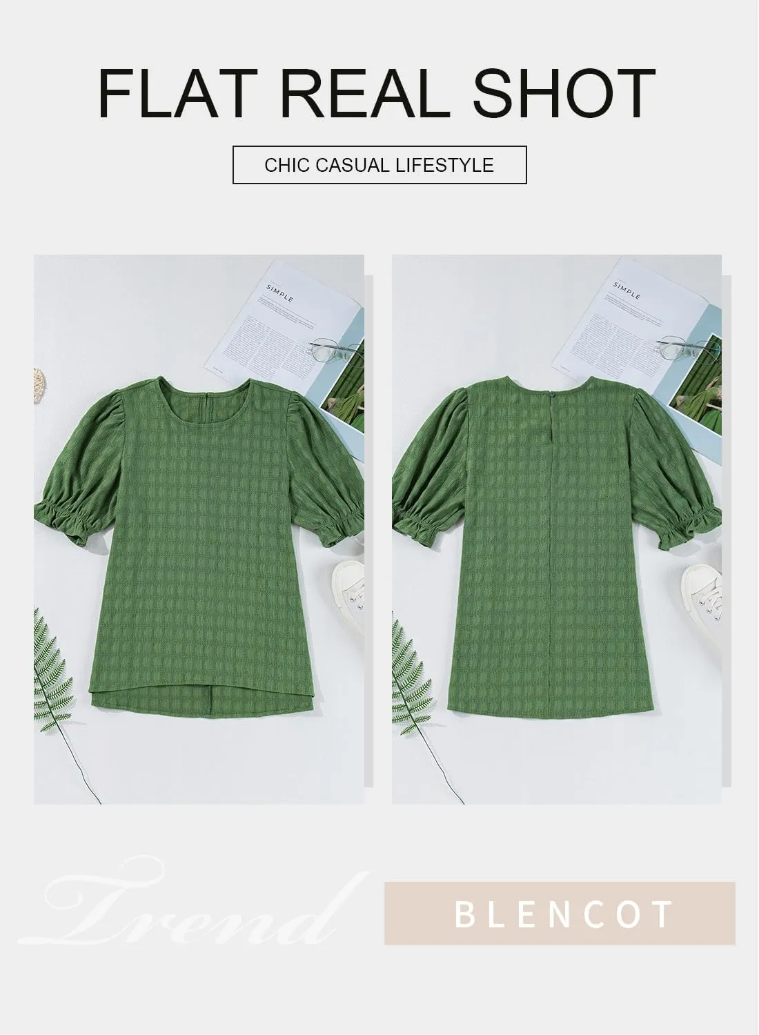 BLENCOT Tops for Women Trendy Summer Casual Balloon Half Short Sleeve Basic Textured Solid Color Round Neck T Shirts Blouse