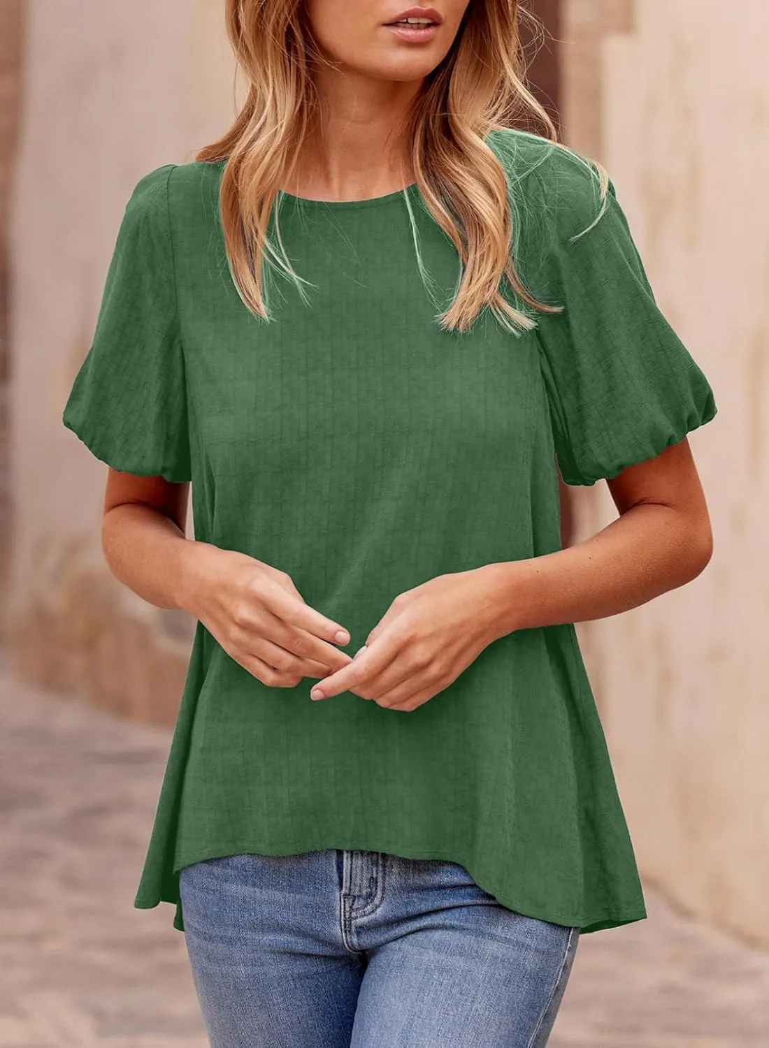 BLENCOT Tops for Women Trendy Summer Casual Balloon Half Short Sleeve Basic Textured Solid Color Round Neck T Shirts Blouse