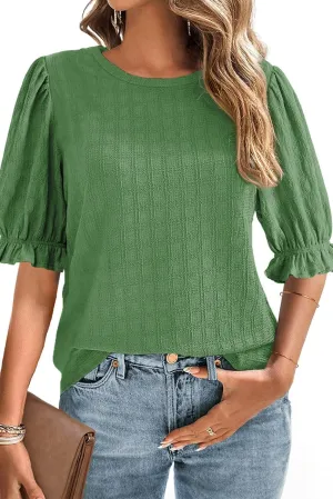 BLENCOT Tops for Women Trendy Summer Casual Balloon Half Short Sleeve Basic Textured Solid Color Round Neck T Shirts Blouse