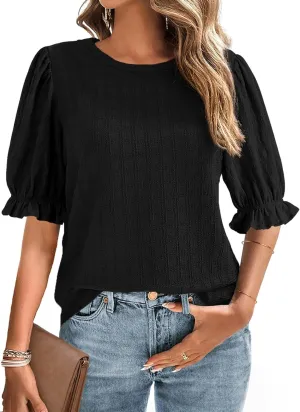 BLENCOT Tops for Women Trendy Summer Casual Balloon Half Short Sleeve Basic Textured Solid Color Round Neck T Shirts Blouse