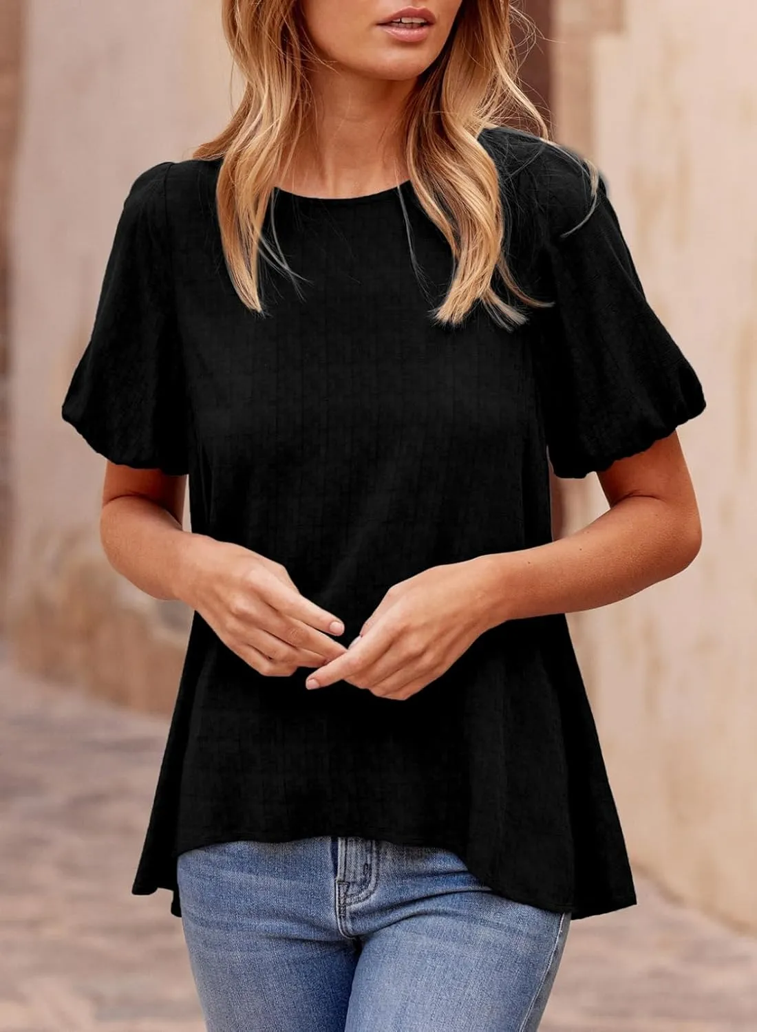 BLENCOT Tops for Women Trendy Summer Casual Balloon Half Short Sleeve Basic Textured Solid Color Round Neck T Shirts Blouse