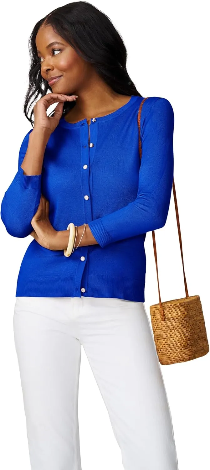Cable & Gauge Women's Lady Button Front Cardigan Lightweight Button-Up Sweater, Crew Neck, 3/4 Sleeve, Versatile Layering Top