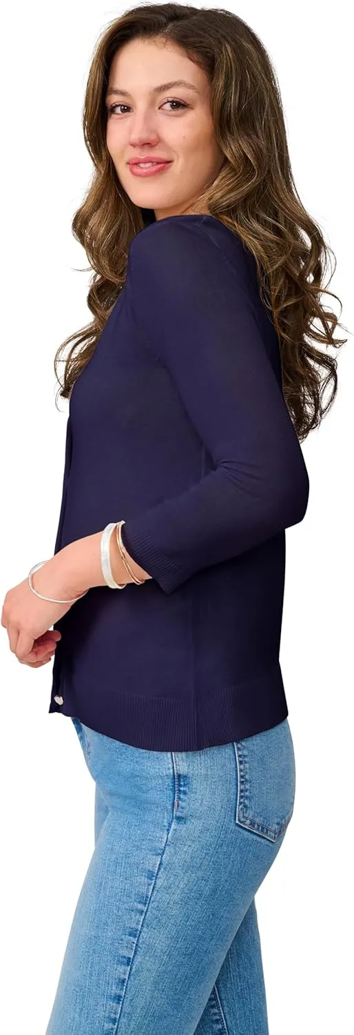 Cable & Gauge Women's Lady Button Front Cardigan Lightweight Button-Up Sweater, Crew Neck, 3/4 Sleeve, Versatile Layering Top